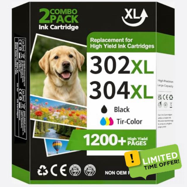 304/302 XL Ink Cartridges Black and Colour Replacement for HP 302 304                                                          Printer Ink 302XL/304XL Combo Pack for HP Envy 4527 5020 4520 5000 5010 5032 4524 5030 DeskJet 3630 3760 2630（2 Pack)