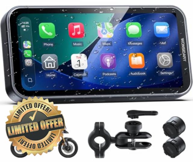 W622 6.25" Motorcycle Screen for CarPlay & Android Auto with TPMS                                                          Wireless motorcycle sat nav with IP67 waterproof touchscreen