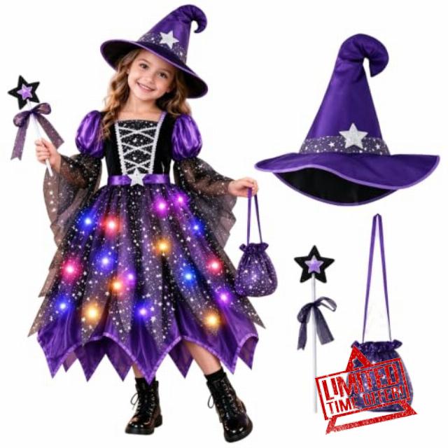 Girls Witch Costume Set – Kids Halloween Cosplay Dress with Hat