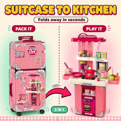 Pink 3-in-1 Fold-Away Suitcase Toy with Lights and Sounds