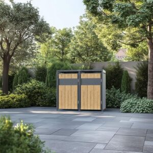 Outdoor Bin Storage Shed with Flat Roof Modern Design & Gas-Assisted Lid