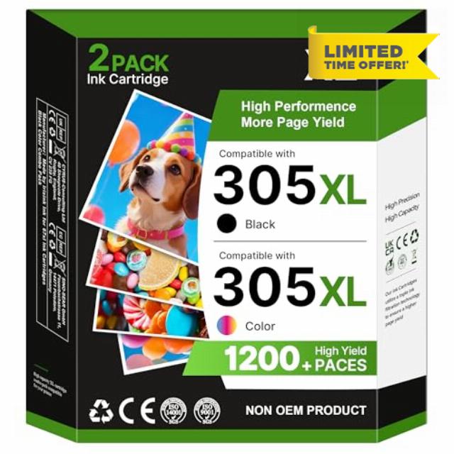 305XL Ink Cartridges Replacement for HP 305 Ink Cartridges Black and Colour for HP305 XL for HP DeskJet 2810E 2800E 2820E Envy 6120E 6000 6100e 6020E Pro 6430 printer(2-Pack)