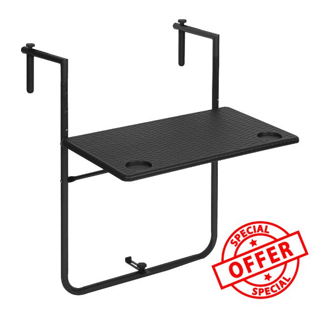 WOLTU Folding Balcony Table for Hanging Balcony Railings Side Table Folding Table with 3 Height-Adjustable Table Top 60 x 36 cm Rattan Look Black