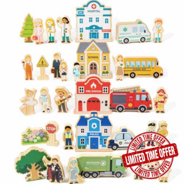 Wooden People Who Help Us Toy 35Pcs Community Helpers Figures for Kids 3-6                                                          Occupations Blocks Pretend Play Educational Toy Toddlers Preschool Learning Boys Girls Birthday Gifts Wooden Train Compatible