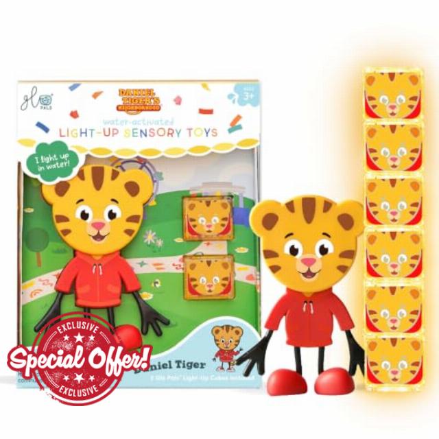 Glo Pals x Daniel Tiger's Neighborhood Water-Activated Bath Toy with 6 Reusable Light-Up Cubes for Sensory Play