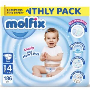 Molfix Baby Nappies Size 4 Maxi Monthly Pack – 186 Nappies – Ultra Soft