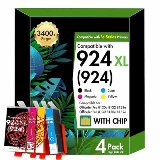 924 XL Ink Cartridges 4 Pack with Chip 924XL for HP 8120e 8122e Printer                                                          Compatible for HP924e for HP OfficeJet Pro 8120e 8132e 8130e 8124e 8125e 8134e Printer with Chip (Black Cyan Magenta Yellow)