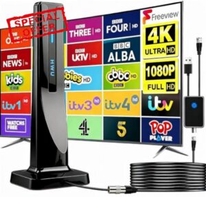 UTOPYANG Indoor TV Aerial with Signal Booster 650+ Miles Freeview Aerial                                                          Digital TV antenna Support 4K 1080P