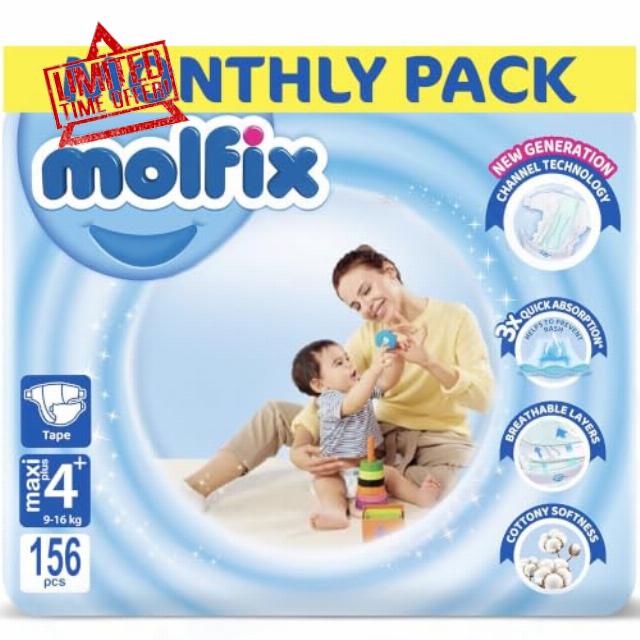 Molfix Baby Nappies Size 4+ Maxi Plus Monthly Pack – 156 Nappies                                                          12-Hour Dryness Protection