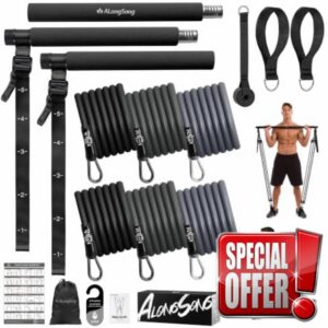 ALongSong Resistance Band Set Men with Handle Pilates Reformer Equipment With Pilates Bar & 6 Elastic Resistance Bands 20-180LBS & Door Anchor for Full-Body Fitness Home Gym Workout Muscle Building