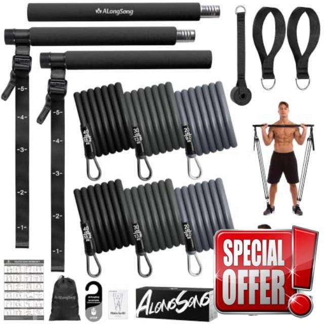 ALongSong Resistance Band Set Men with Handle Pilates Reformer Equipment With Pilates Bar & 6 Elastic Resistance Bands 20-180LBS & Door Anchor for Full-Body Fitness Home Gym Workout Muscle Building