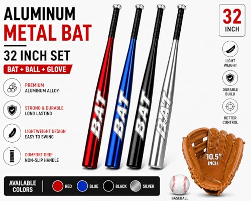 32 Inch Aluminum Metal Bat with 10.5 Inch Leather-Style Glove and Ball