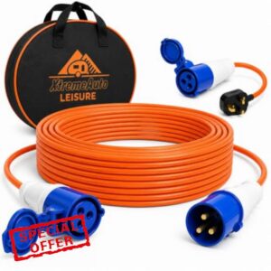 Xtremeauto 25M Caravan Electric Hook Up Cable Set - 16A 240V Camping Extension Lead with 16A to 13A Adapter & Water Resistant Storage Bag