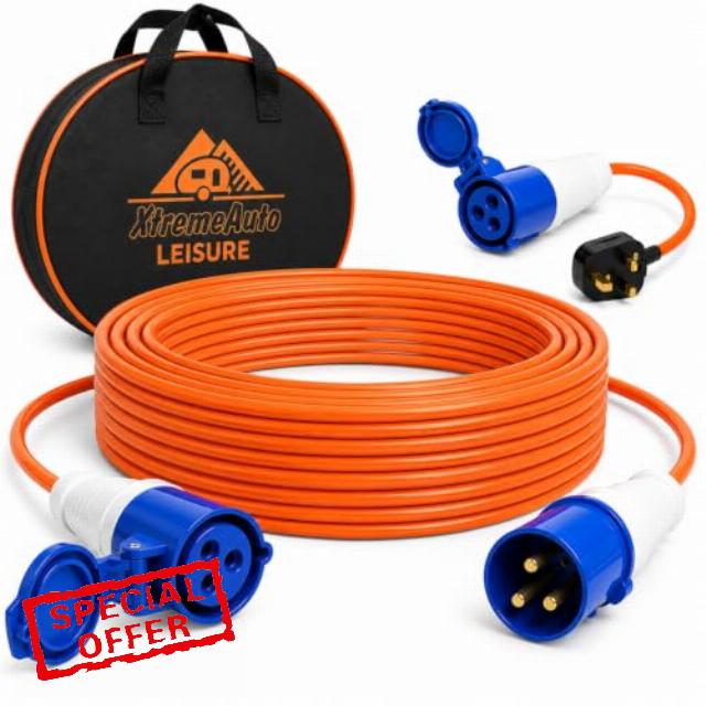 Xtremeauto 25M Caravan Electric Hook Up Cable Set - 16A 240V Camping Extension Lead with 16A to 13A Adapter & Water Resistant Storage Bag