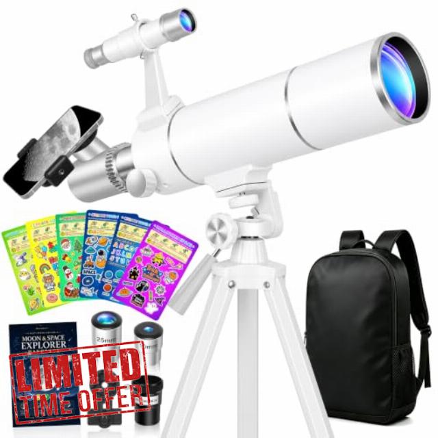 Telescope for Beginners 80/500 mm White Sticker Moon Book                                                          80mm Refractor with 20-150X