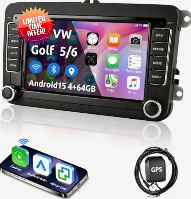 ESSGOO Android 15 4+64G Car Stereo With Wireless CarPlay Android Auto                                                          For VW Caddy Golf MK5 MK6 Polo Passat Seat