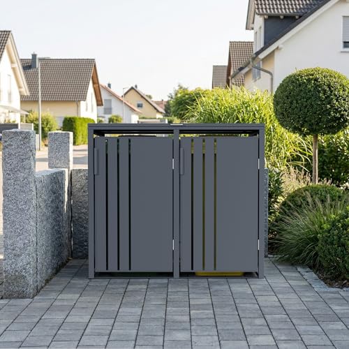 Outdoor Bin Storage Shed with Flat Roof Modern Design & Gas-Assisted Lid