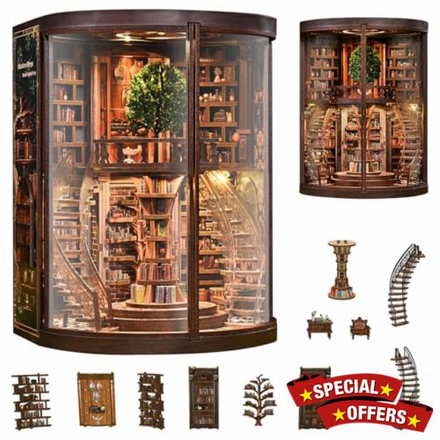 Book Nook Kit for Adults - DIY Miniature Wisdom Library Dollhouse                                                          Book Nook Tiny House Bookshelf Decor Creative 3D Wooden Puzzle