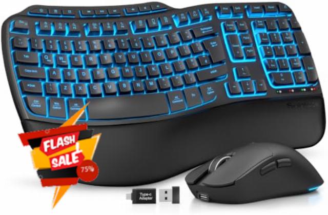 SABLUTE M31 Pro Wireless Keyboard and Mouse Set with Leather Wrist Rest                                                          Rechargeable Keyboard and Mouse with Backlit Wave key，RGB Mouse with USB-C Adapter for Windows PC