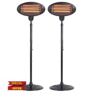 2 Pack 2KW Free Standing Outdoor Electric Patio Heaters Adjustable Height 3 Heat Settings 650W 1350W 2000W IP34 Weather Resistant Heater for Lawn Garde