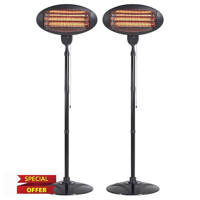 2 Pack 2KW Free Standing Outdoor Electric Patio Heaters Adjustable Height 3 Heat Settings 650W 1350W 2000W IP34 Weather Resistant Heater for Lawn Garde