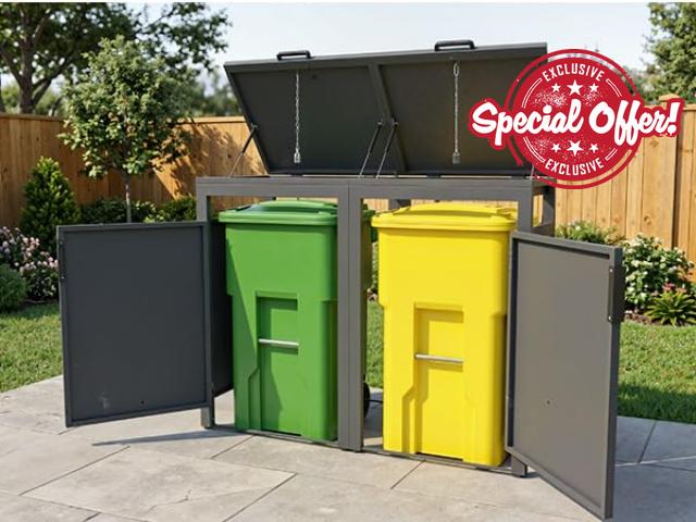 Aoxun Double Wheelie Bin Storage 120L Shed Outdoor Metal Rubbish Bin Store                                                          Garden Bin Storage for Wheelie Bins with Lift-Up Lids