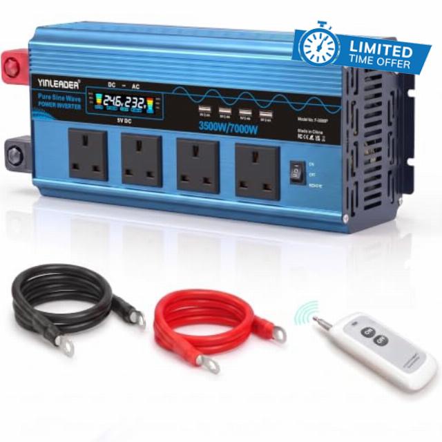 Yinleader 3500W Pure Sine Wave Inverter 24V to 240V 4 AC 4 USB LCD Remote                                                          7000W peak – clean power for all devices. 10M wireless remote included. Ideal for RV
