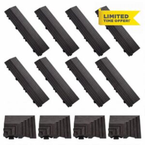 Ripeng 12 Pack Black Wood Deck Tile Edge Trim Set 8 Pcs Straight Edge 4 Pcs Corner Edges Compatible 12 Inch Interlocking Deck Tiles Teak Patio Trim Easy Install for Flooring Porch Tiles Not Included
