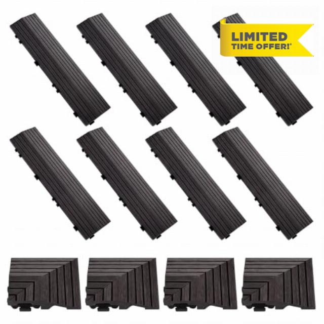 Ripeng 12 Pack Black Wood Deck Tile Edge Trim Set 8 Pcs Straight Edge 4 Pcs Corner Edges Compatible 12 Inch Interlocking Deck Tiles Teak Patio Trim Easy Install for Flooring Porch Tiles Not Included