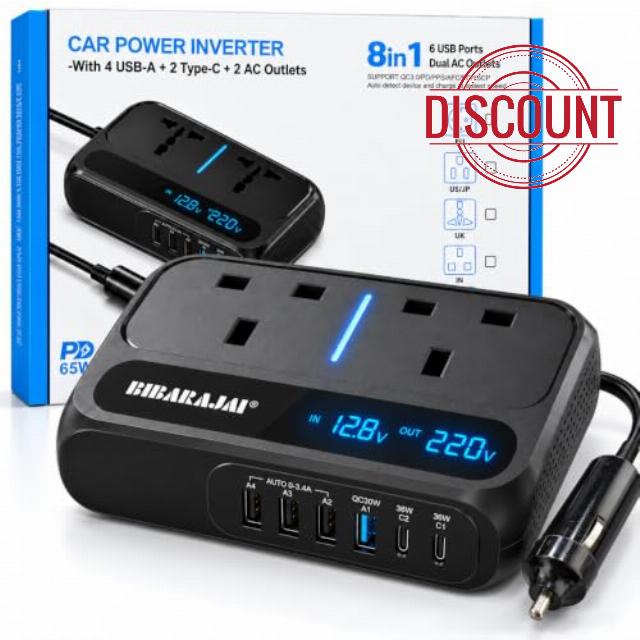 240W Car Voltage Converter Inverter DC 12V to AC 230V with 2 Sockets and 4 USB Ports and 2 USB-C Fast Charging Car Charger with Cigarette Lighter Plug for Business Trips and Vacatio