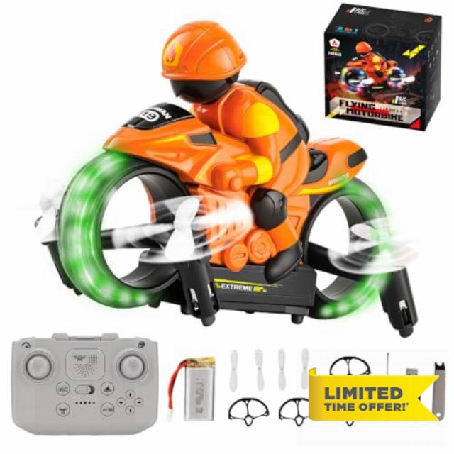 Goolsky 2-in-1 RC Flying Motorcycle Toy for Land and Air (Orange)                                                          Dual-Mode Headless Remote Control Motorbike