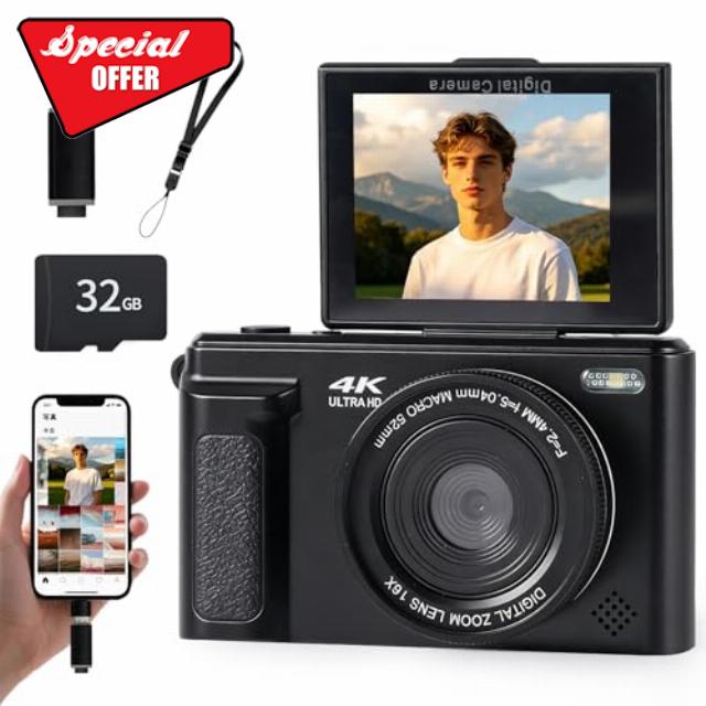 4K Digital Camera 64MP Compact Camera 16X Digital Zoom Camera for YouTube TikTok