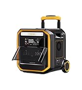 Portable power station or battery pack shown from multiple angles, featuring blue casing with yellow accents and handle, control panel, and various ports.