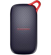 Text reads 'SanDisk' in red lettering. Portable external solid-state drive (SSD) with black textured case and red accents held in hand with USB-C cable attached.