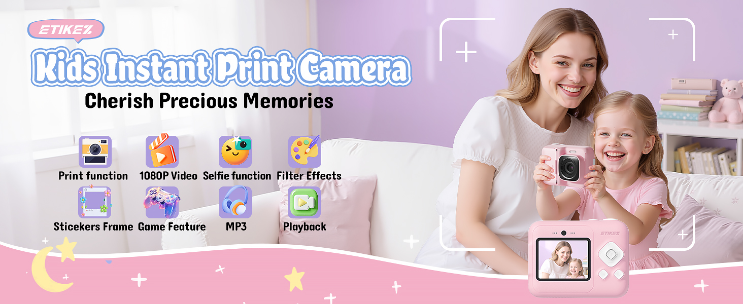 Text reads 'Kids Instant Print Camera' and 'Cherish Precious Memories'. Product packaging shows a pink and white instant camera with promotional images of printed photos and product usage scenarios.