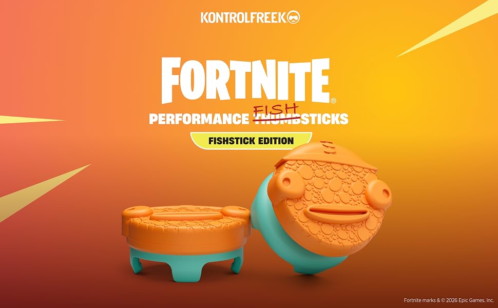 Text reads 'FORTNITE PERFORMANCE COLLECTION FIGURINE EDITION' in white letters on orange-yellow gradient background. Two orange Fortnite character collectible figurines displayed, one seated, one standing.