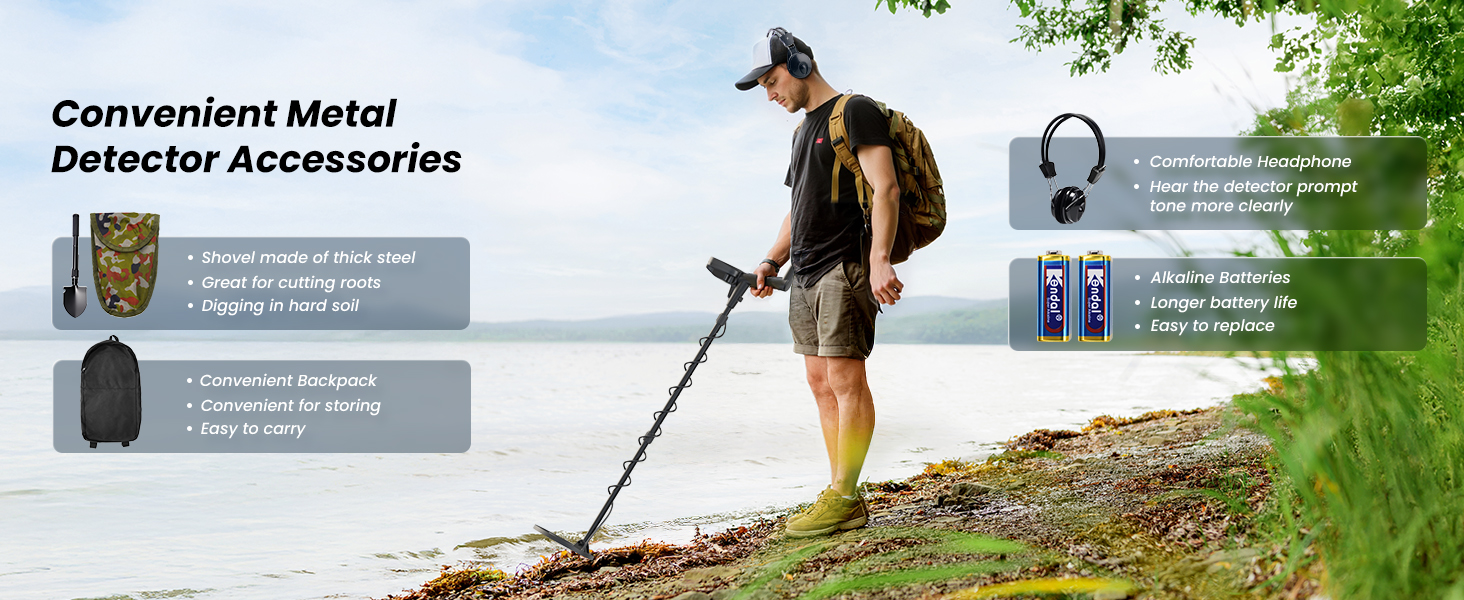 Text reads 'Height adjustment: 47-59 inches', 'Multi-Function Metal Detector'. Product images showing various angles and specifications of a handheld metal detector with measurement annotations.
