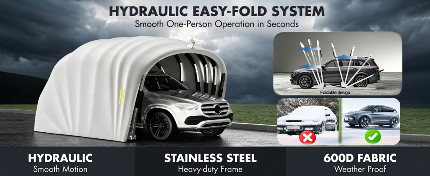 Text reads 'UPGRADE YOUR CAR PROTECTION' with 'All Weather Shield', 'Repair-Resistant', 'Durable Frame' labels. Split image comparing car under standard tarp versus protective carport structure, showing car protection solutions.