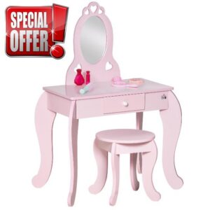 HOMCOM Kids Vanity Table & Stool Dressing Table with Mirror in Pink                                                          Make Up Desk