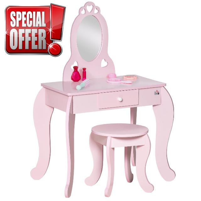 HOMCOM Kids Vanity Table & Stool Dressing Table with Mirror in Pink                                                          Make Up Desk