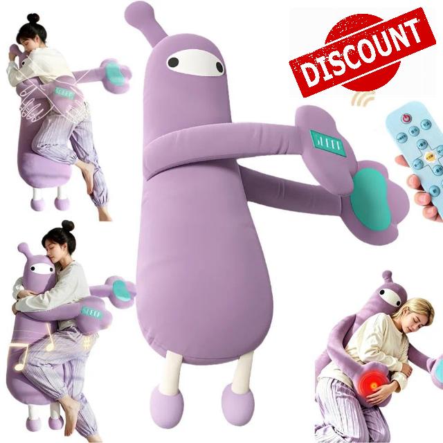 Heated Patting Plush Pillow with Voice Recording for Side Sleepers                                                          Cylindrical purple plush with cartoon monster pattern