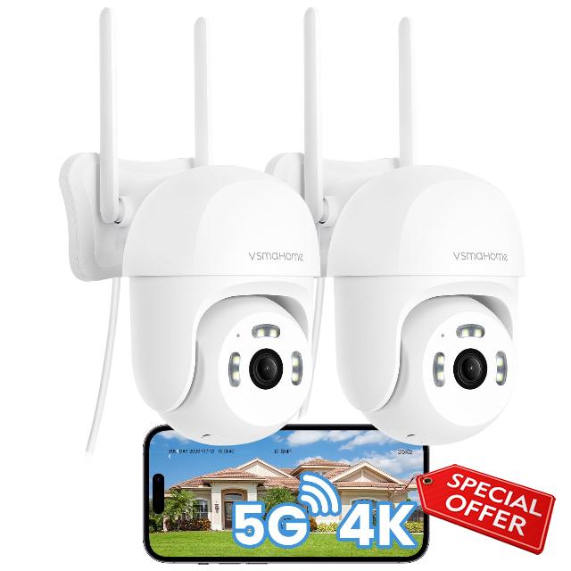 8MP 4K Outdoor Security Camera 2 Packs，360 PTZ WiFi Camera for Home Security System，Plug-in Wired Outdoor Cameras