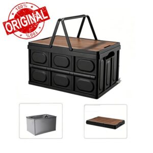 Collapsible SUV Boot Organiser with Wooden Lid Plastic Cargo Storage Box Outdoor Storage Organiser Box Shopping Basket Hard Plastic Storage Box for Camping Picnics