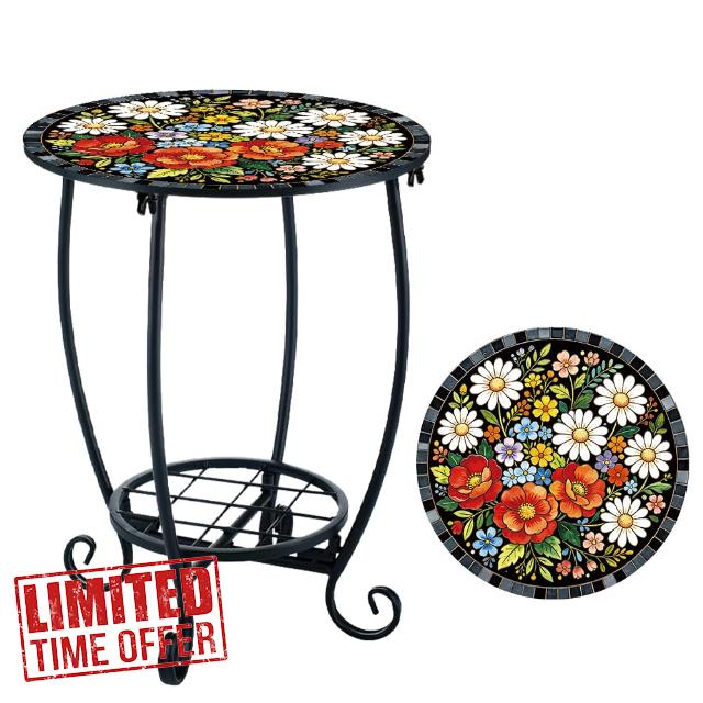 Outdoor Metal Side Table 34x43cm(13.3" Wx16.9 H) Small Round Patio Table Printed with Color Wildflower Mosaic Pattern for Balcony