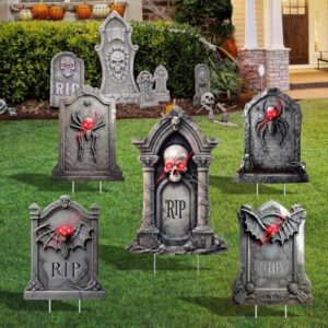 Gravestone Sign with Red LED Eyes                                                          Waterproof Halloween Decorations Outdoor