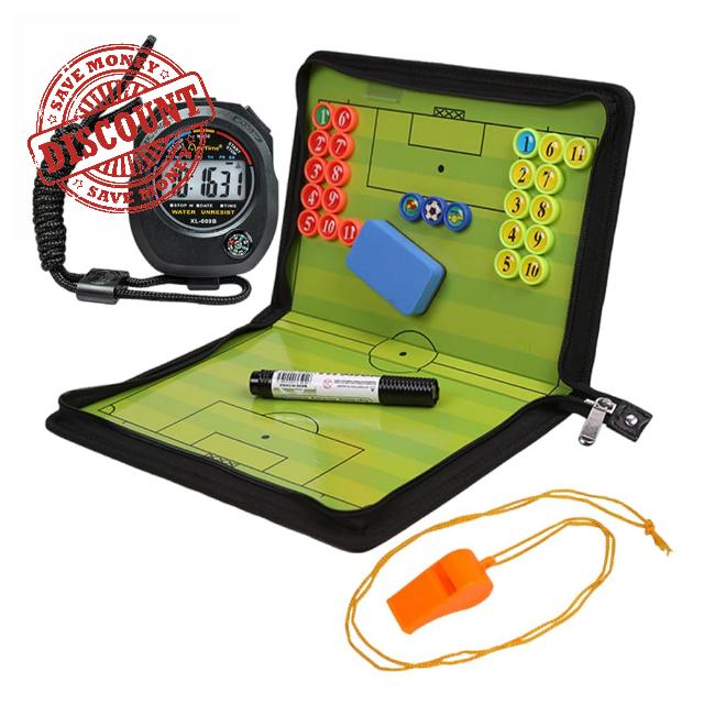 Foldable Magnetic Football Tactic Board Soccer Coaching Board with Timer Whistle Referee Cards Soccer Tactics Folder Football Game Football Training Tactics Clipboard for Coaches