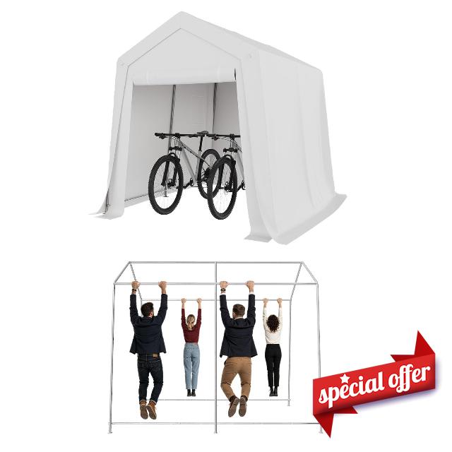 Aoxun 6x8 FT Heavy Duty Garden Storage Shed Bike Shelter                                                          Heavy-duty 6x8 FT outdoor storage shed with waterproof 200g PE cover
