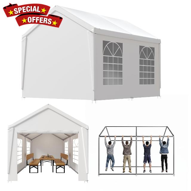 Aoxun 3m x 4m Party Tent Marquee Gazebo with Sides White                                                          Versatile 3m x 4m party tent marquee gazebo with sides and all-terrain anchor system for garden events or temporary carpo