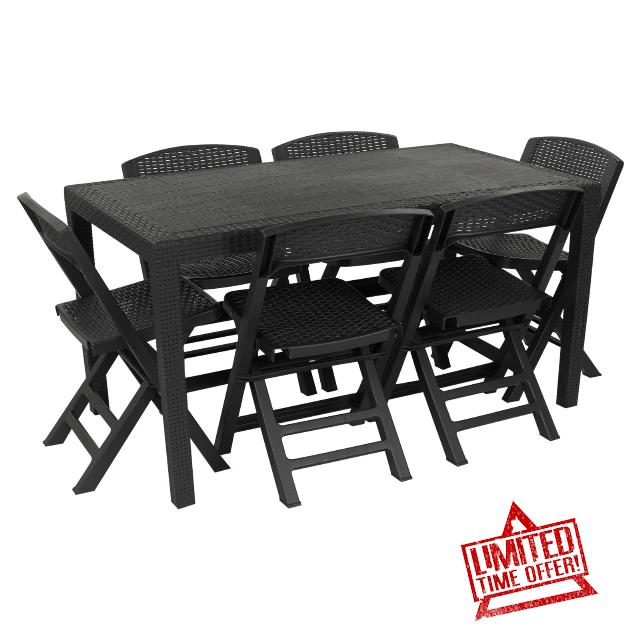 URBN GARDEN Bali Plastic Rattan Garden Table & Folding Chairs Set (Black)                                                          6 Folding Chairs