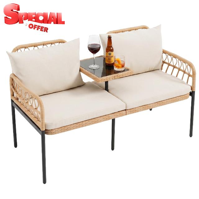COSTWAY 2-Seater Rattan Chair with Glass Table and Removable Cushions                                                          Garden Bench